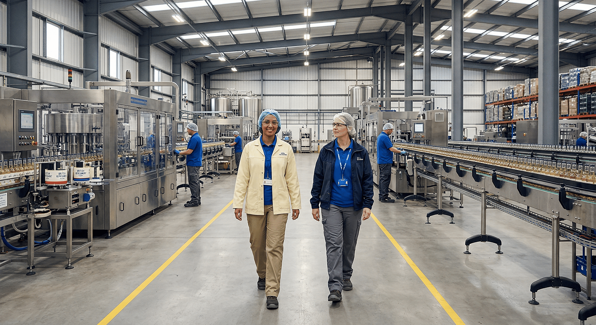 Two female factory professionals walking down a central aisle of a large-scale British beverage manufacturing plant with stainless steel bottling lines, conveyor belts, and high ceilings. Two female factory professionals walking down a central aisle of a large-scale British beverage manufacturing plant with stainless steel bottling lines, conveyor belts, and high ceilings.