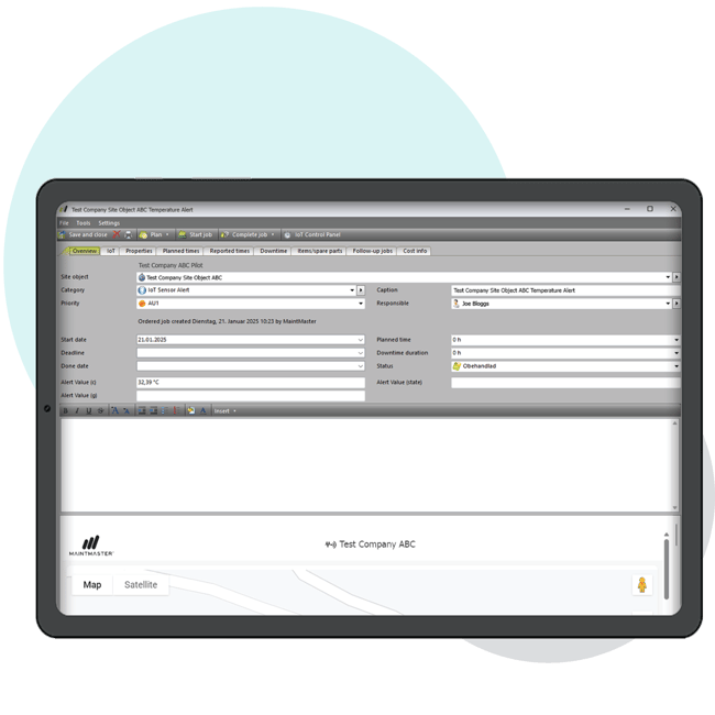 MaintMaster IoT automatically generating a CMMS work order from real-time sensor alerts