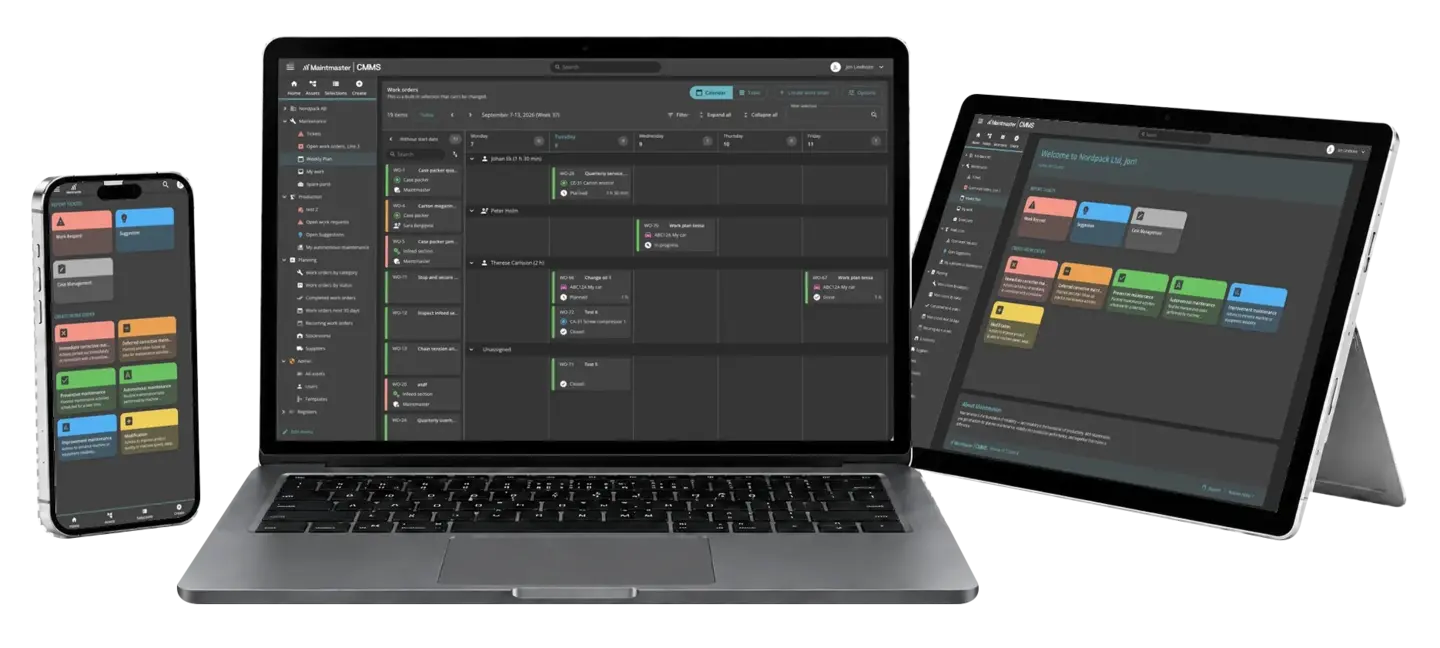 MaintMaster CMMS 10 shown in dark mode on a phone, laptop and tablet.