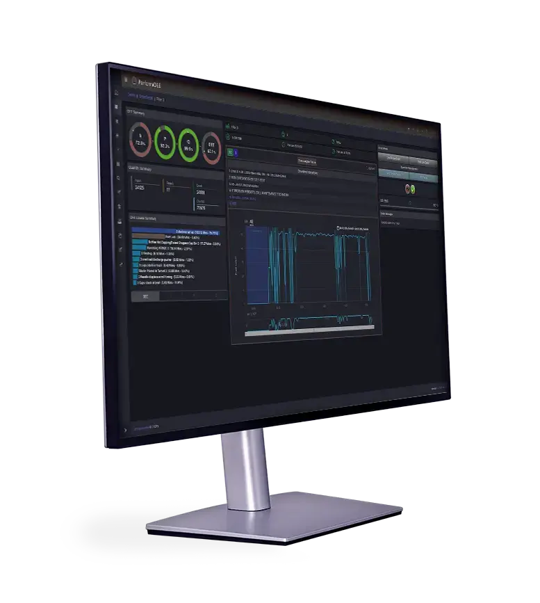 OEE software monitor displaying real-time factory performance metrics