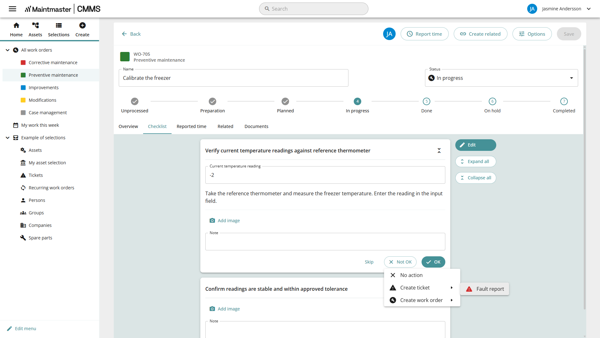 A checklist step in Maintmaster CMMS with a temperature reading, an Add image button, a note field and the buttons Skip, Not OK and OK. The Not OK menu is open and offers No action, Create ticket or Create work order, with Fault report under Create ticket.